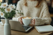 © ArtFocus Studio - Cozy Cafe Vibes: Woman with Latte, Laptop, and Flowers - A Serene Workspace for Work, Study, or Creative Inspiration