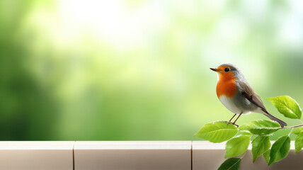 European robin perched on branch with green leaves, showcasing nature beauty