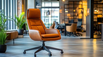 Wall Mural - Modern Brown Leather Office Chair in a Stylish Office