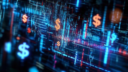 digital currency: a futuristic abstract digital currency concept with glowing dollar signs, represen