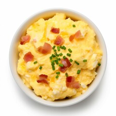 Wall Mural - Scrambled Eggs and Bacon, Isolated on white background, flat lay