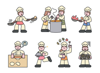 Wall Mural - Busy chefs working in a restaurant kitchen. Cooking is hard and the chefs are making mistakes. Cuttiny character with outline.