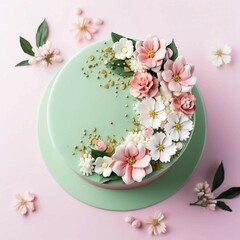 Wall Mural - Pink and Green Cake, Isolated on white background, flat lay