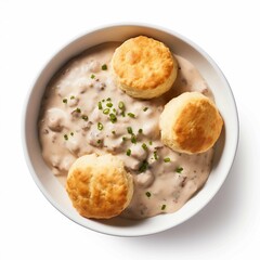 Wall Mural -  Biscuits and Gravy, Isolated on white background, flat lay