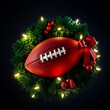 © Kreingkrai - football in a wreath with christmas lights and decorations.
