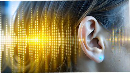 Wall Mural - Macro Image Human Ear Digital Soundwave Overlay Communication Audio Technology