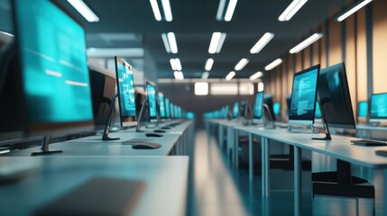 Rows of Computers in a Modern Office Space, Technology and Digital World