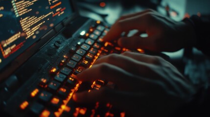 Night Coding Session: Programmer Typing on Illuminated Keyboard  Close-up View of Hands Working Late on a Laptop Screen Displaying Lines of Code