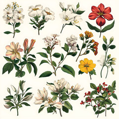 Wall Mural - Collection of vintage floral illustrations with vibrant blooms, detailed leaves, and elegant botanical designs, perfect for art projects, invitations, and creative inspiration