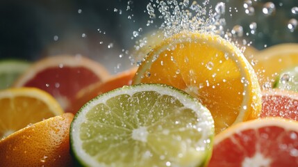 Citrus Splash: Sliced citrus fruits, bursting with juicy freshness and vibrant colors, as water droplets cascade around them, capturing the essence of a refreshing and invigorating treat. 