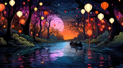 Wall Mural - Illuminated River Scene With Boat And Hanging Lanterns