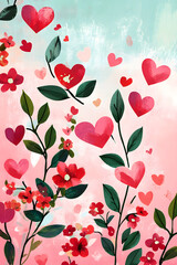 Wall Mural - illustration of charming floral design with heart-shaped petals, vibrant red flowers, lush green leaves, and a pastel pink background, ideal for love-themed art, greeting cards, and wallpapers