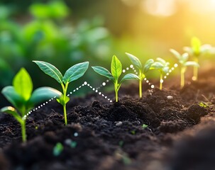 young plant growth stages with line graph symbolizing business development and sustainable growth
