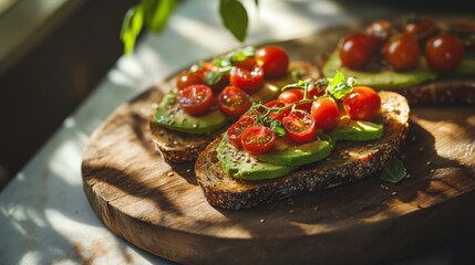 Avocado Toast with Cherry Tomatoes: A delectable close-up shot of two slices of artisan bread topped with creamy avocado and juicy cherry tomatoes, garnished with fresh herbs.