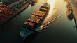 © SSTC AI Photo&Video - Global Trade at Sunset: A majestic cargo ship glides through the water, bathed in the golden light of a setting sun. This aerial view captures the dynamic movement of international trade.