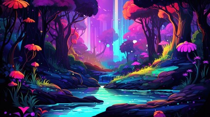 Wall Mural - Vibrant Neon Forest Stream Fantasy Landscape