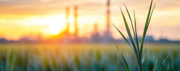 Net zero sustainability idea. Green grass with a beautiful sunset over an industrial background.