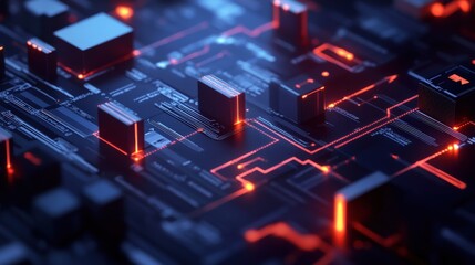 Poster - Abstract View of an Advanced Circuit Board Featuring Glowing Red Lines and Intricate Details Representing Modern Technology and Digital Innovation in Electronics