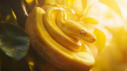 Golden Python Coiled Around Branch In Sunlight