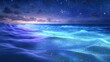 © Racelleo - Magical night scene of ocean waves glowing under starry sky.