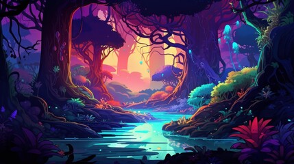 Wall Mural - Vibrant Fantasy Forest Stream Scene With Glowing Flora