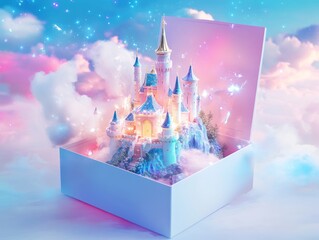 Wall Mural - a magical castle emerging from a gift box, surrounded by clouds and sparkling lights.