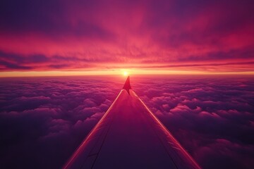 Wall Mural - Stunning sunset view from airplane wing, vibrant purple clouds. Perfect for travel, adventure, and freedom themes; evokes serene feeling.