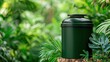 © Jiraporn - Wilderness valley idea. A green waste bin surrounded by lush tropical foliage in a serene natural setting.