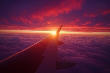Wall Mural - Airplane wing over sunset cloudscape; vibrant red and purple hues. Perfect for travel, adventure, or freedom themes; evokes a sense of journey and wonder.