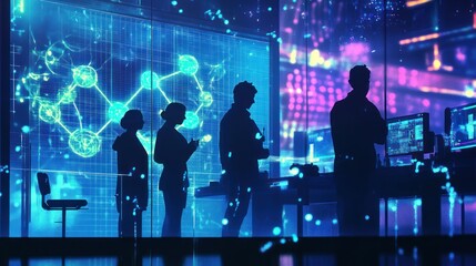 Wall Mural - silhouettes of people in a tech environment, analyzing data and technology visuals.