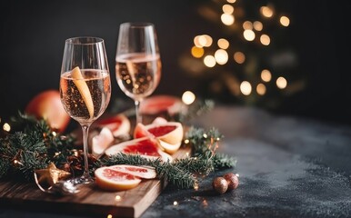 Wall Mural - two glasses filled with champagne, accompanied by an olive branch decorated for christmas and sliced