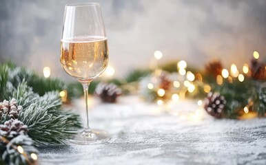 Wall Mural - christmas and new year background featuring a white wine glass, pine branches, garland lights, and a