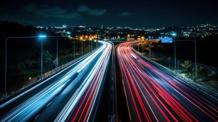 Wall Mural - Nighttime highway scene with light trails from vehicles and city skyline in the background.