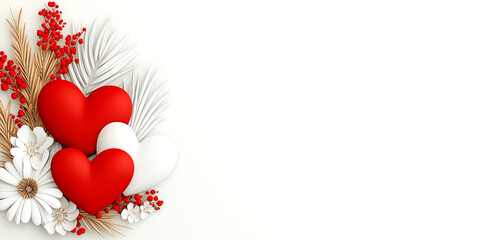 Wall Mural - a white background with three red hearts and white flowers. the flowers are arranged in a way that t