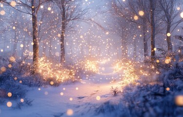 Wall Mural - a serene winter landscape with glowing lights amidst snowy trees.