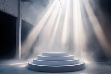 Wall Mural - a minimalist podium illuminated by beams of light in a foggy space, suggesting a stage for presentat