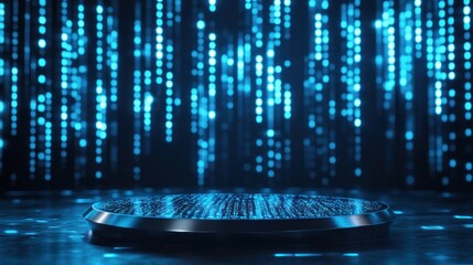 Wall Mural - a futuristic platform surrounded by shimmering blue light particles.
