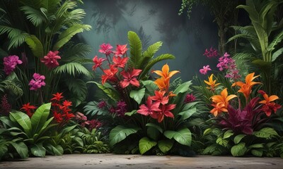 A vibrant and eclectic mix of tropical plants and flowers with an abstract background, bohemian style, eclectic decor