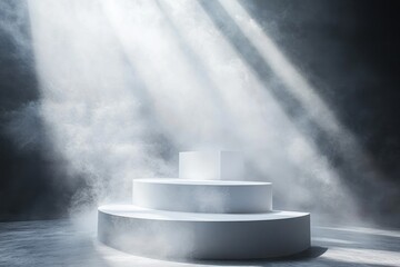 Wall Mural - a minimalist stage with circular platforms illuminated by dramatic light and fog.