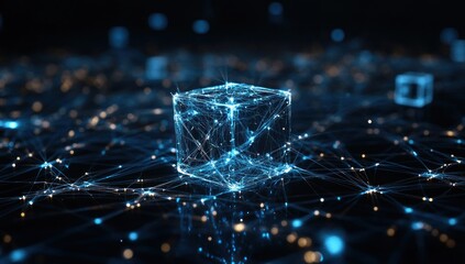 Wall Mural - a digital representation of interconnected data cubes in a networked environment.