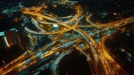 Wall Mural - Aerial view of a complex highway interchange illuminated at night.