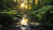 © aun - A tranquil forest scene at dawn, where sunlight streaks through the gaps in the green foliage, creating a natural spotlight on the forest floor