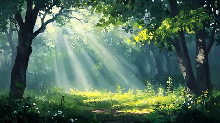 Wall Mural - A tranquil forest bathed in the soft glow of morning light, with sunbeams filtering through the green leaves and illuminating the earthy textures of the forest floor 