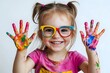 © wayan - Child Shows Colorful Paint Hands, Happy Expression, Creative Art Activities for Kids, Joyful Painting Experience, Bright Colors, Fun Activities, Early Childhood Development, Artistic Expression,