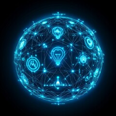Wall Mural - glowing mesh sphere with interconnected sensor and network symbols