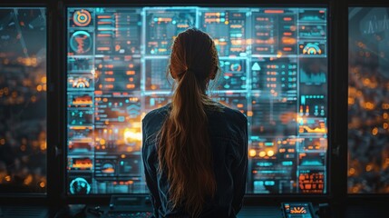 Woman looking at a screen full of glowing data. AI generative. .