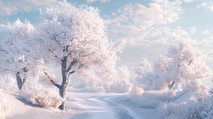 snowy farmland under blue sky with white fluffy clouds and road side trees, a serene winter landscap
