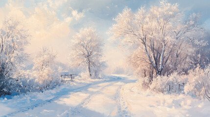 snowy farmland under blue sky with white fluffy clouds and road side trees, A serene winter landscape featuring a frosted tree and frozen surface, trees and cloud cover on a sunny winter day.