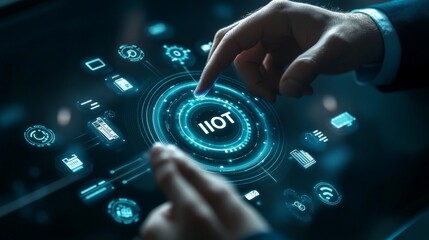 Wall Mural - digital businessman touching interactive iiot concept on screen