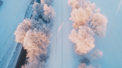 snowy farmland under blue sky with white fluffy clouds and road side trees, A serene winter landscape featuring a frosted tree and frozen surface, trees and cloud cover on a sunny winter day.